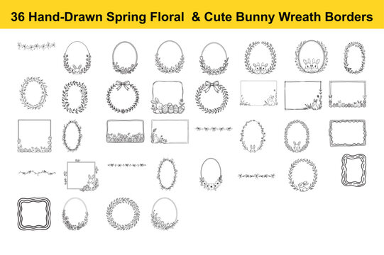 Set of 36 hand drawn spring floral wreath borders and cute bunny characters, easter greeting designs with doodle elements