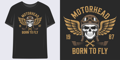 vintage motorhead born to fly pilot skull with golden wings and aviator goggles biker streetwear t shirt design vector illustration artwork  © RNDM TeeDesign