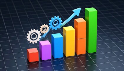 3D Bar Graph with Gears and Arrow.