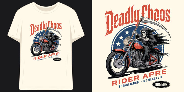 deadly chaos rider apre established mcmlxxxvii vintage grim reaper on motorcycle t shirt design vector illustration artwork
