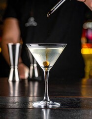 C&oacute;ctel Martini servido en copa de c&oacute;ctel con aceituna y toque final con gotas de amargo. Fondo elegante de bar nocturno.