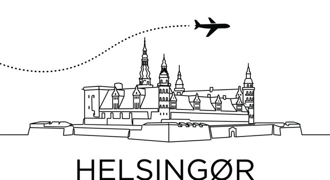 Helsing&oslash;r Kronborg Castle with airplane minimalist line art vector