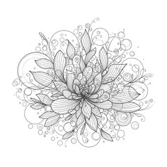 Fototapeta premium Intricate line art illustration of a stylized floral bloom surrounded by abstract circular elements and delicate leaves.