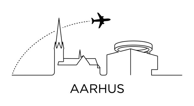 Aarhus city skyline with airplane travel vector illustration