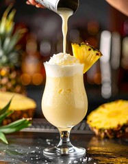 C&oacute;ctel Pi&ntilde;a Colada servido en copa tropical con pi&ntilde;a fresca y coco rallado. La bebida cremosa es vertida desde una coctelera. Fondo ex&oacute;tico con rodajas de pi&ntilde;a.