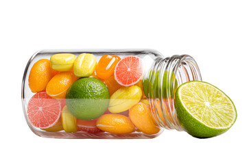 Glass jar overflowing with colorful citrus fruits and candies, isolated on transparent background