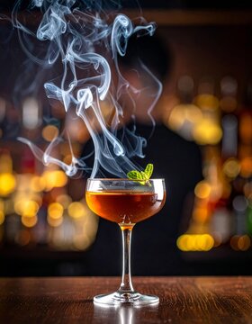  C&oacute;ctel oscuro servido en copa elegante con efecto de humo en un bar nocturno.
