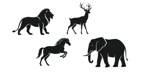 Minimal Wild Animal Silhouette Vector Icon Set with Powerful Natural Poses