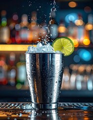 Coctelera met&aacute;lica llena de hielo, decorada con una rodaja de lima. Gotas de agua y salpicaduras crean un efecto de frescura. Fondo de bar colorido y desenfocado.