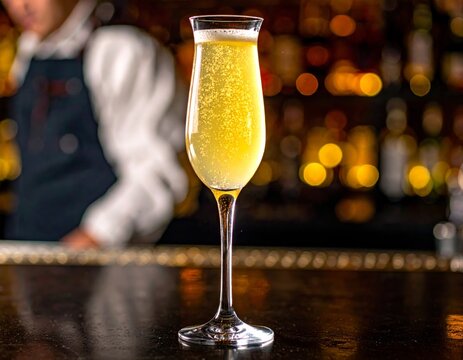 C&oacute;ctel espumoso en copa flauta con burbujas brillantes en ambiente de bar.
