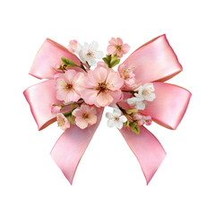 Pink Satin Bow with Delicate Flowers Isolated on Transparent Background PNG