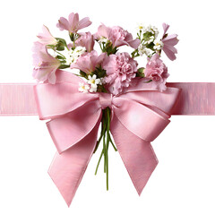 Pink Bow with Delicate Flowers Tied with Ribbon, Isolated on Transparent Background
