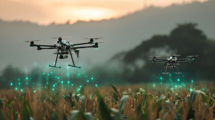 Drones Flying Over Agricultural Field at Sunrise, Highlighting Advanced Technology for Crop Monitoring and Precision Farming Practices