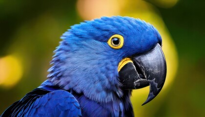 Close-up of a striking blue Hyacinth Macaw with vibrant yellow eyes.