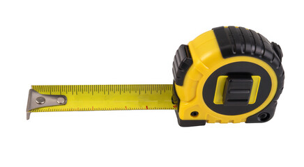 Yellow and black tape measure measuring tool construction isolated on a transparent background