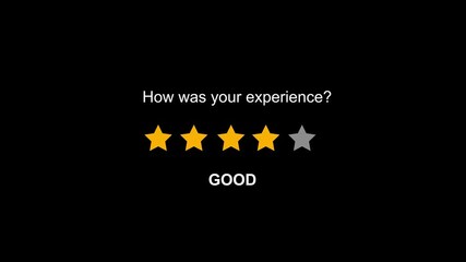Animated four yellow stars and Excellent label on black background. Ideal for customer review, feedback, and rating system.