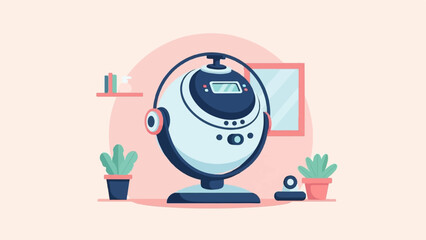 A futuristic robot with headphones and a display sits on a stand