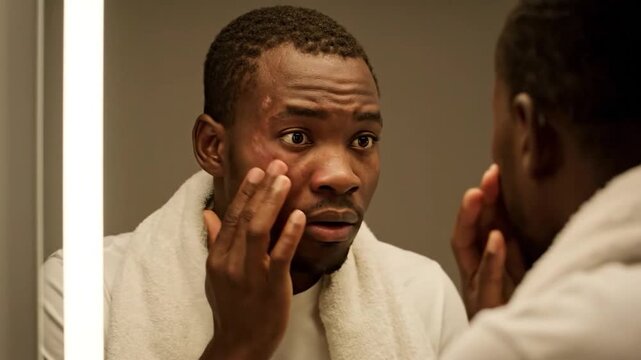 Man inspecting acne on his face