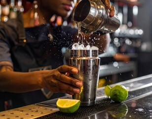 Primer plano de las manos de un bartender llenando una coctelera de acero con hielo, mientras el agua salpica alrededor. Sobre la barra hay limas cortadas.