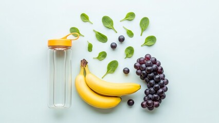 Fresh fruits, vegetables, and a water bottle for a healthy smoothie preparation.