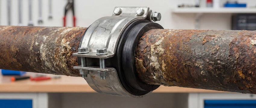 Pipe Repair Clamp Securing Rubber Patch on Old Pipe, Emergency Plumbing Fix