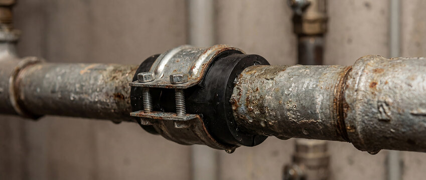 Pipe Repair Clamp Securing Rubber Patch on Old Pipe, Emergency Plumbing Fix