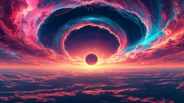 Circular cloud formation in colorful sky with dark planet centered above layered cloud tops