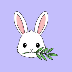 Obraz premium Adorable white rabbit head holding green leaves in mouth on purple background, cute bunny character illustration for easter and nature concepts