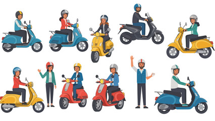 Diverse People Riding Scooters and Motorbikes, Vector Illustration Collection