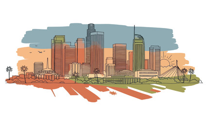 Downtown Los Angeles Skyline Sketch with Palm Trees and Sunset Colors