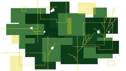 Abstract Geometric Nature Composition: Green Squares, Yellow Lines, White Dots