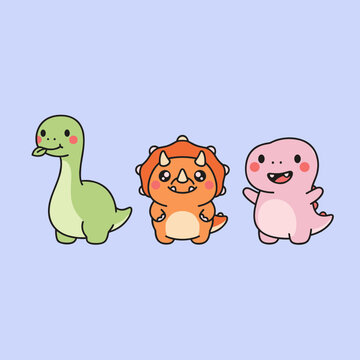 Adorable Dinosaur Characters Group with Brontosaurus Triceratops and Tyrannosaurus Rex in Cute Kawaii Style Isolated on Blue Background Illustration