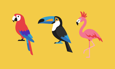 Fototapeta premium Collection of tropical exotic birds illustrations featuring colorful parrot toucan and flamingo isolated on yellow background flat design