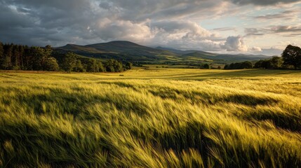 Obraz premium Uk- scotland- barley field at summer sunset