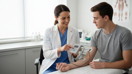 Obraz premium Doctor Administering Nerve Conduction Velocity Test to Patient for Diagnosis and Treatment Planning in Clinic