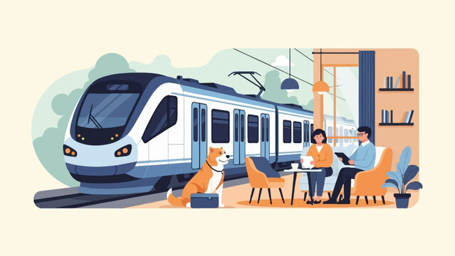 A dog waits by a train station cafe where a couple enjoys a peaceful moment