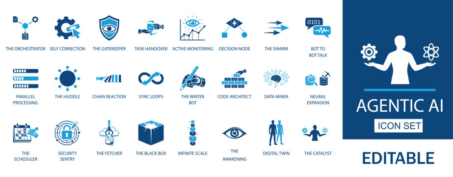 Agentic AI Autonomous Workflow Automation System solid Vector Icon Set.
