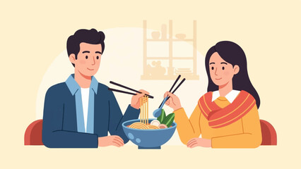 A couple enjoys a bowl of noodles together, sharing a meal
