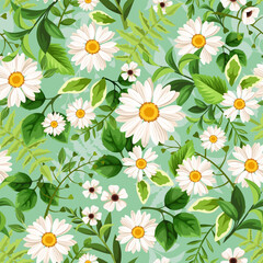 Seamless floral pattern with white daisy flowers and green leaves. Vector seamless floral print