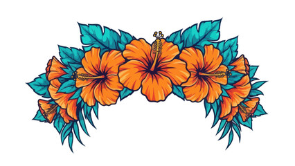Vibrant Orange Hibiscus Flower Crown with Teal Leaves, Tropical Floral Design