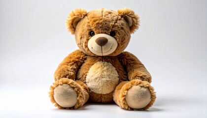 Fototapeta premium Brown Teddy Bear Sitting Against White Background in Studio Lighting