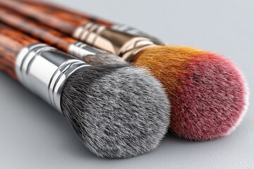 Close-up of two makeup brushes with soft bristles on gray background