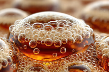 Close-up of soda bubbles forming intricate patterns on carbonated beverage surface