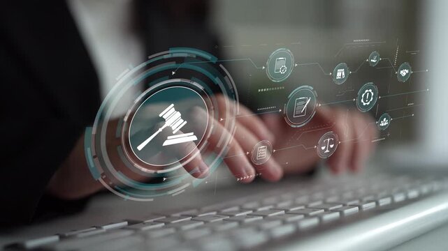 Futuristic digital law interface displaying justice scale, highlighting digital law, AI compliance, digital law systems, and digital law regulations for secure governance. Muxer