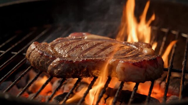 A perfectly grilled steak sizzling over an open flame on a barbecue grill, with vibrant flames licking the meat, creating an inviting atmosphere for a summer cookout