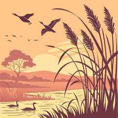Peaceful coastal marsh at sunset, rendered with smooth vector lines and a warm, serene atmosphere.