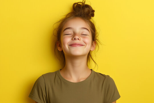 Smiling Young Girl with Eyes Closed on Yellow Background.