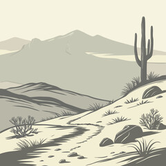 Muted monochrome vector art of a desert twilight landscape, evoking a serene, desolate, and atmospheric evening mood. © Mon