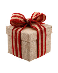 Festive Burlap Gift Box with Red Ribbon, Holiday Present, isolated on transparent background