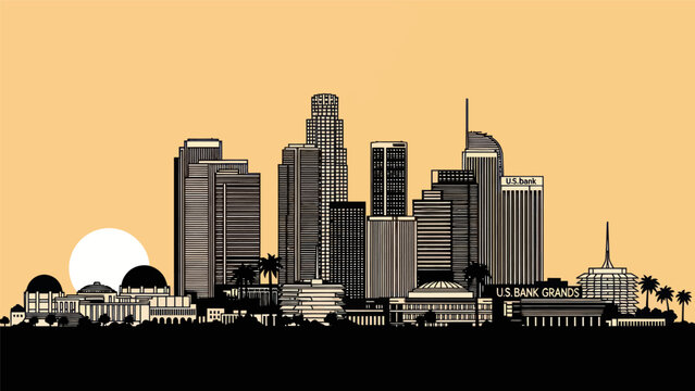 Los Angeles Skyline Silhouette at Sunset with Modern Skyscrapers and Palm Trees